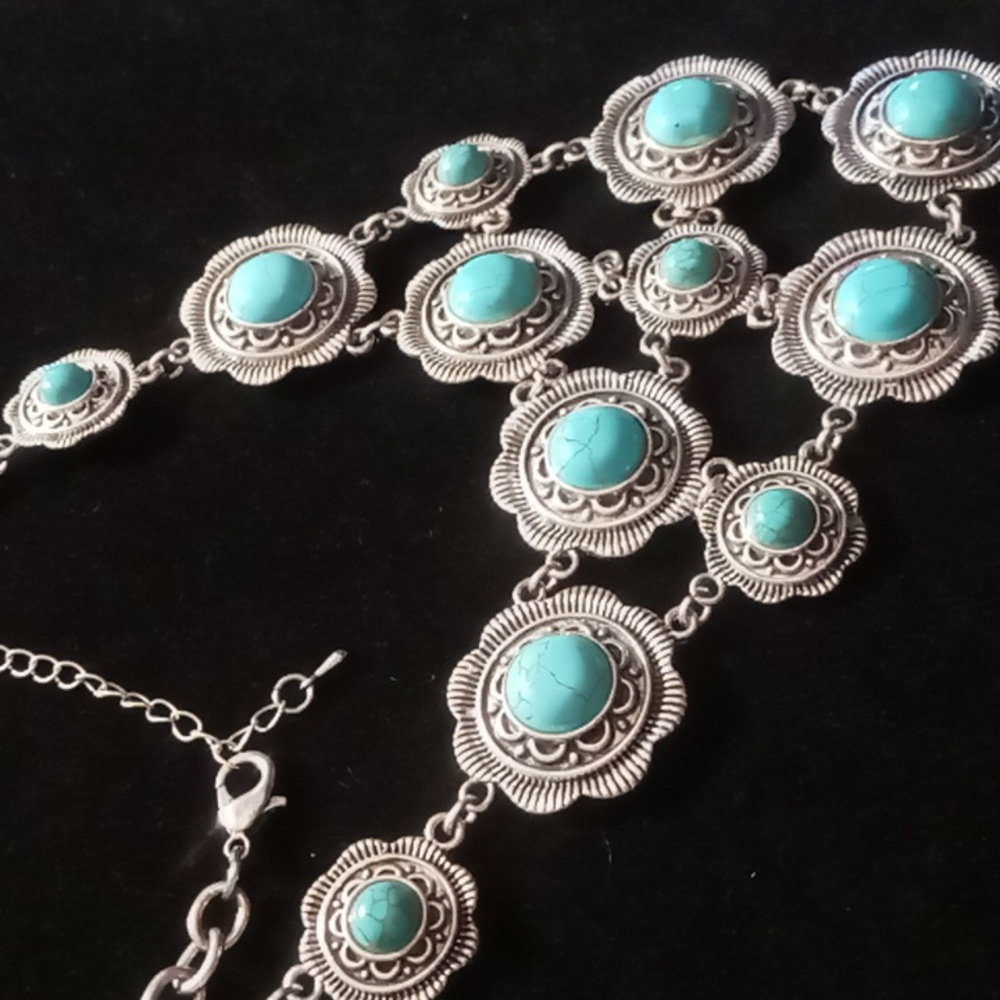 Turquoise and Silver Statement Bib  Necklace. 20+2 In Long